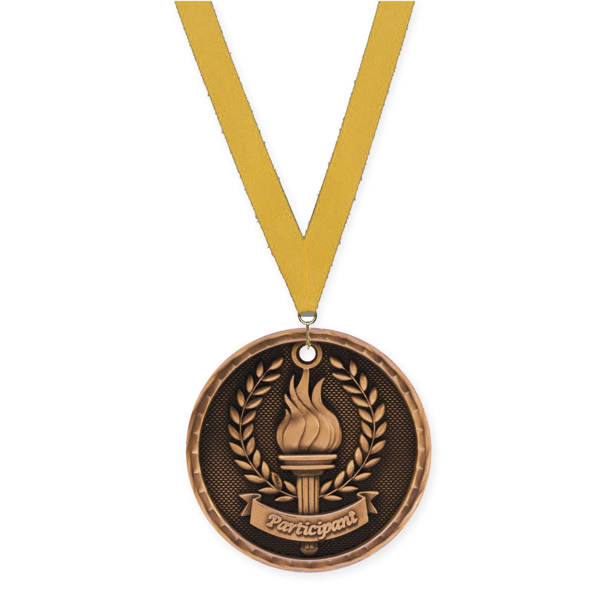 2 inch Participant 3-D medal in antique bronze with Gold neck ribbon
