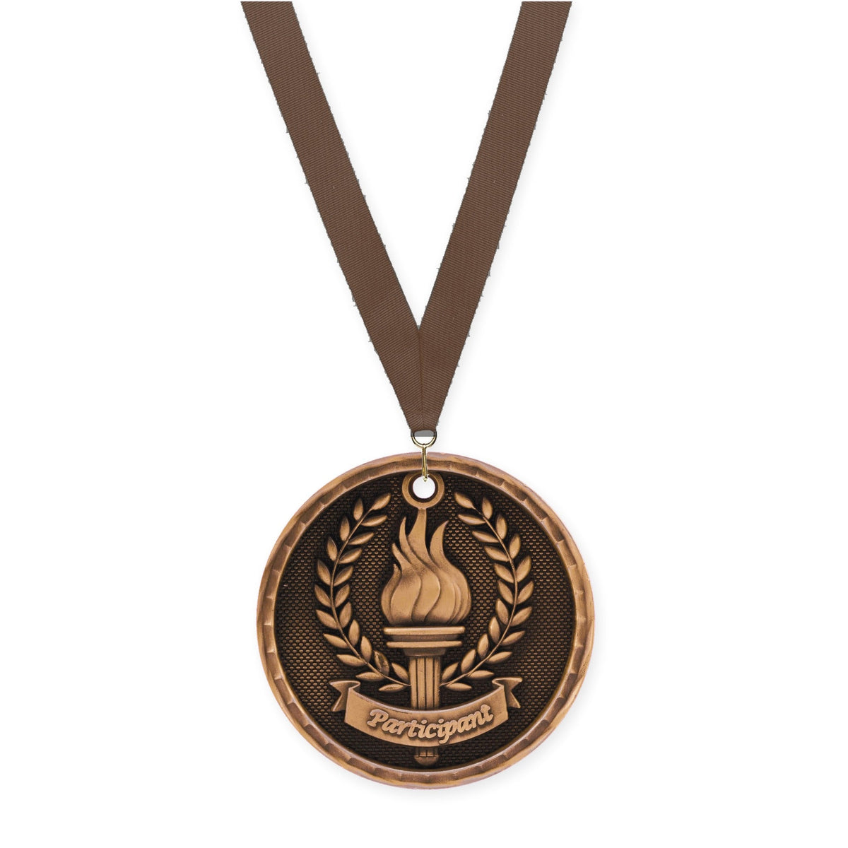 2 inch Participant 3-D medal in antique bronze with Brown neck ribbon