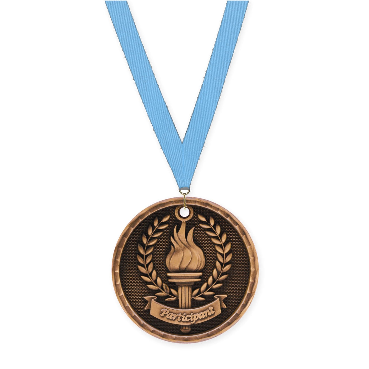 2 inch Participant 3-D medal in antique bronze with Light Blue neck ribbon
