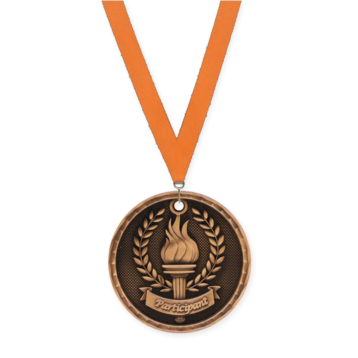 2 inch Participant 3-D medal in antique bronze with Orange neck ribbon