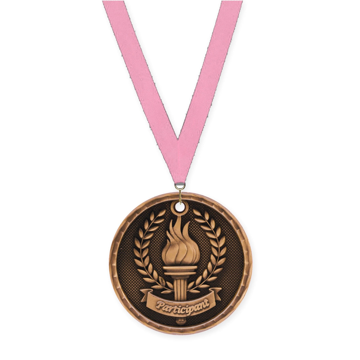 2 inch Participant 3-D medal in antique bronze with Pink neck ribbon