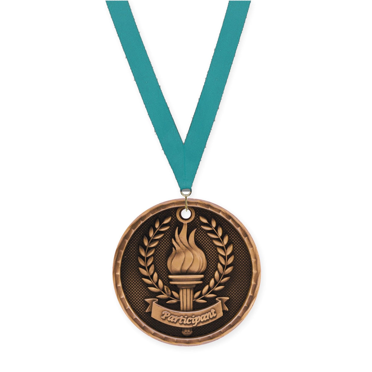 2 inch Participant 3-D medal in antique bronze with Teal neck ribbon
