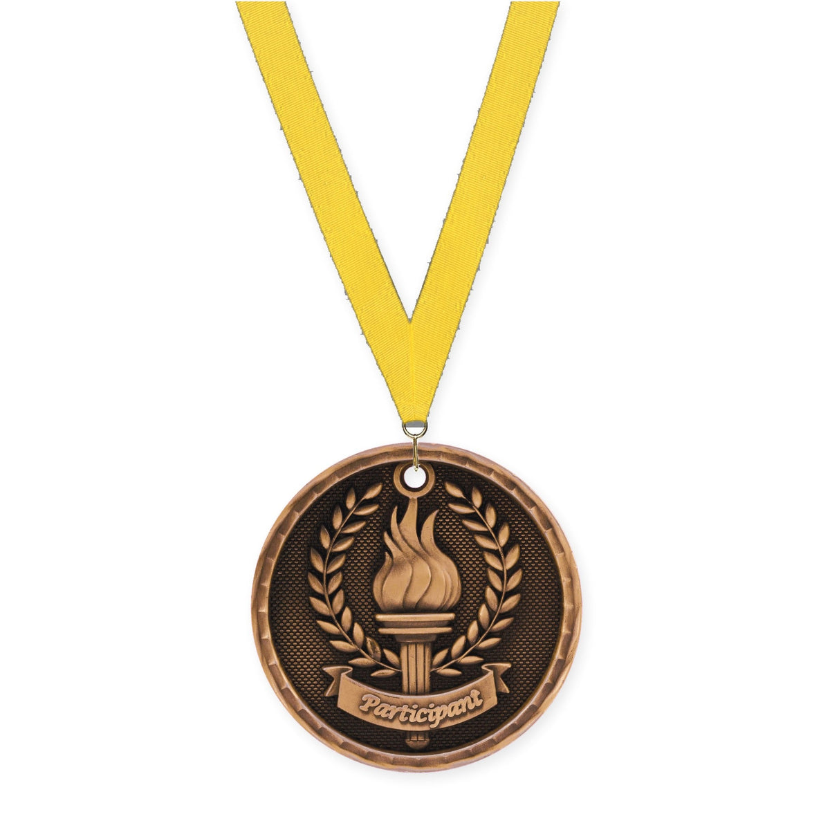 2 inch Participant 3-D medal in antique bronze with Yellow neck ribbon