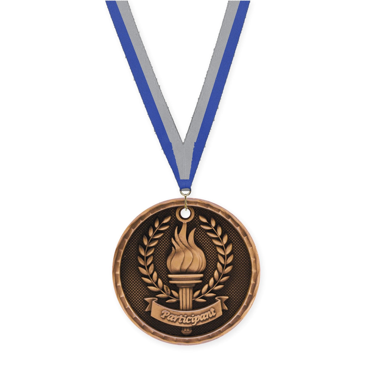 2 inch Participant 3-D medal in antique bronze with Blue Gray neck ribbon