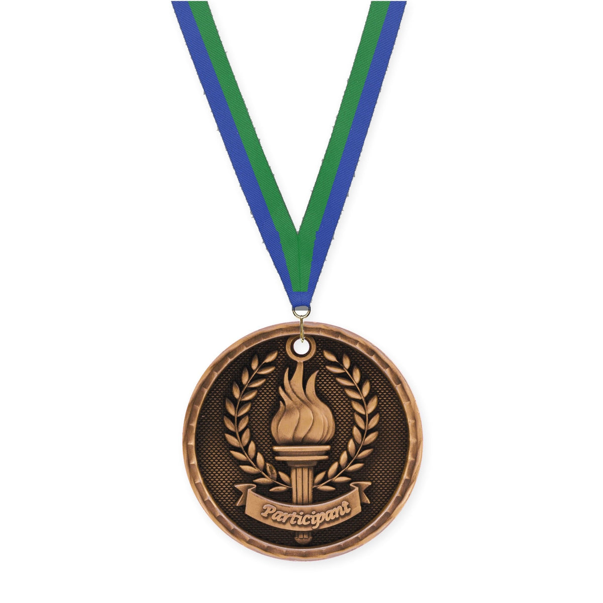 2 inch Participant 3-D medal in antique bronze with Blue Green neck ribbon