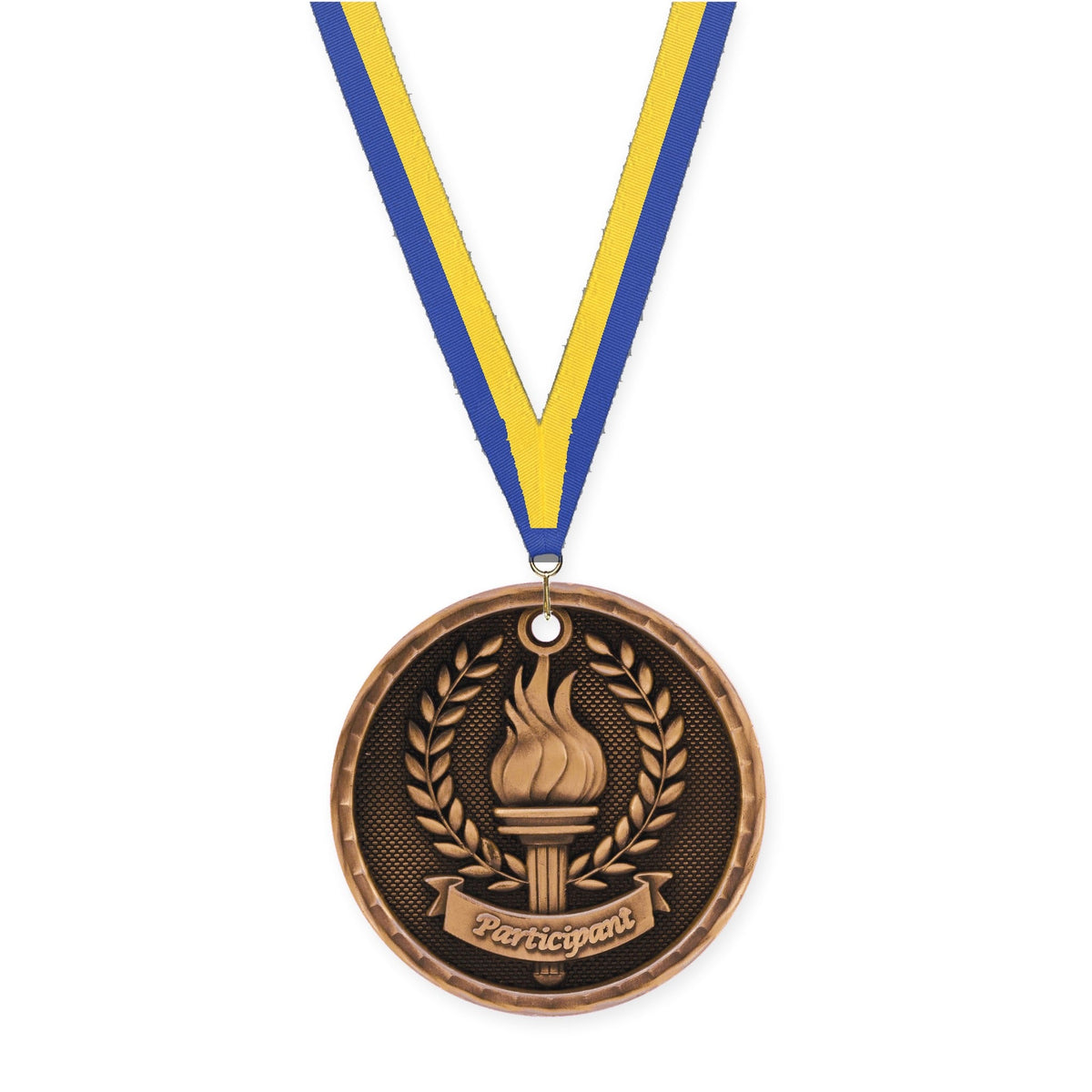 2 inch Participant 3-D medal in antique bronze with Blue Yellow neck ribbon