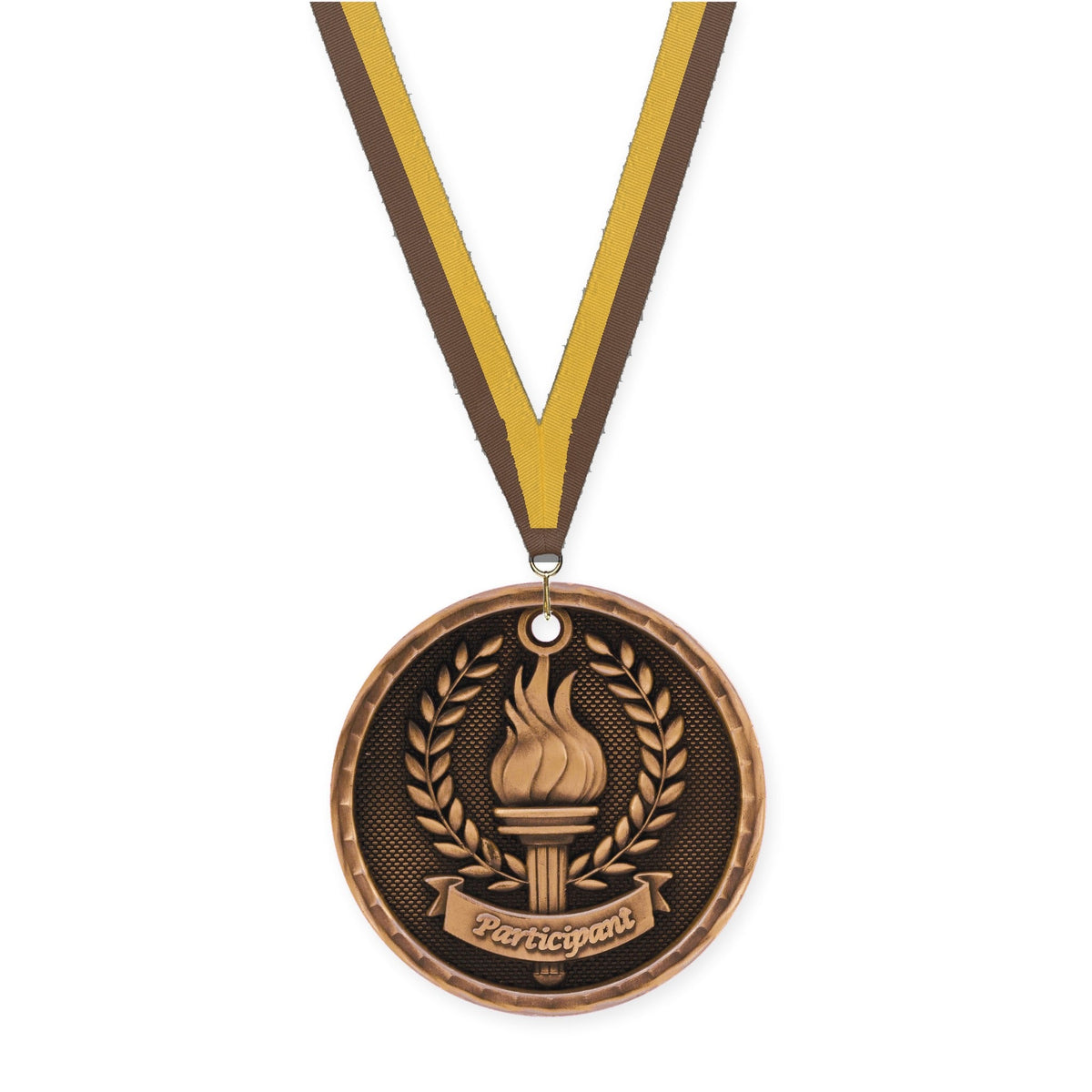 2 inch Participant 3-D medal in antique bronze with Brown Gold neck ribbon