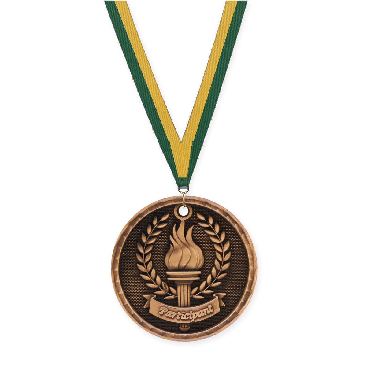 2 inch Participant 3-D medal in antique bronze with Hunter Green Gold neck ribbon
