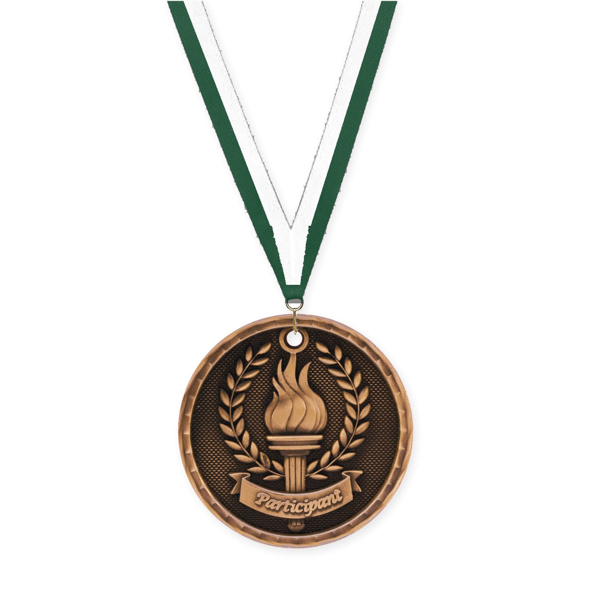2 inch Participant 3-D medal in antique bronze with Hunter Green White neck ribbon