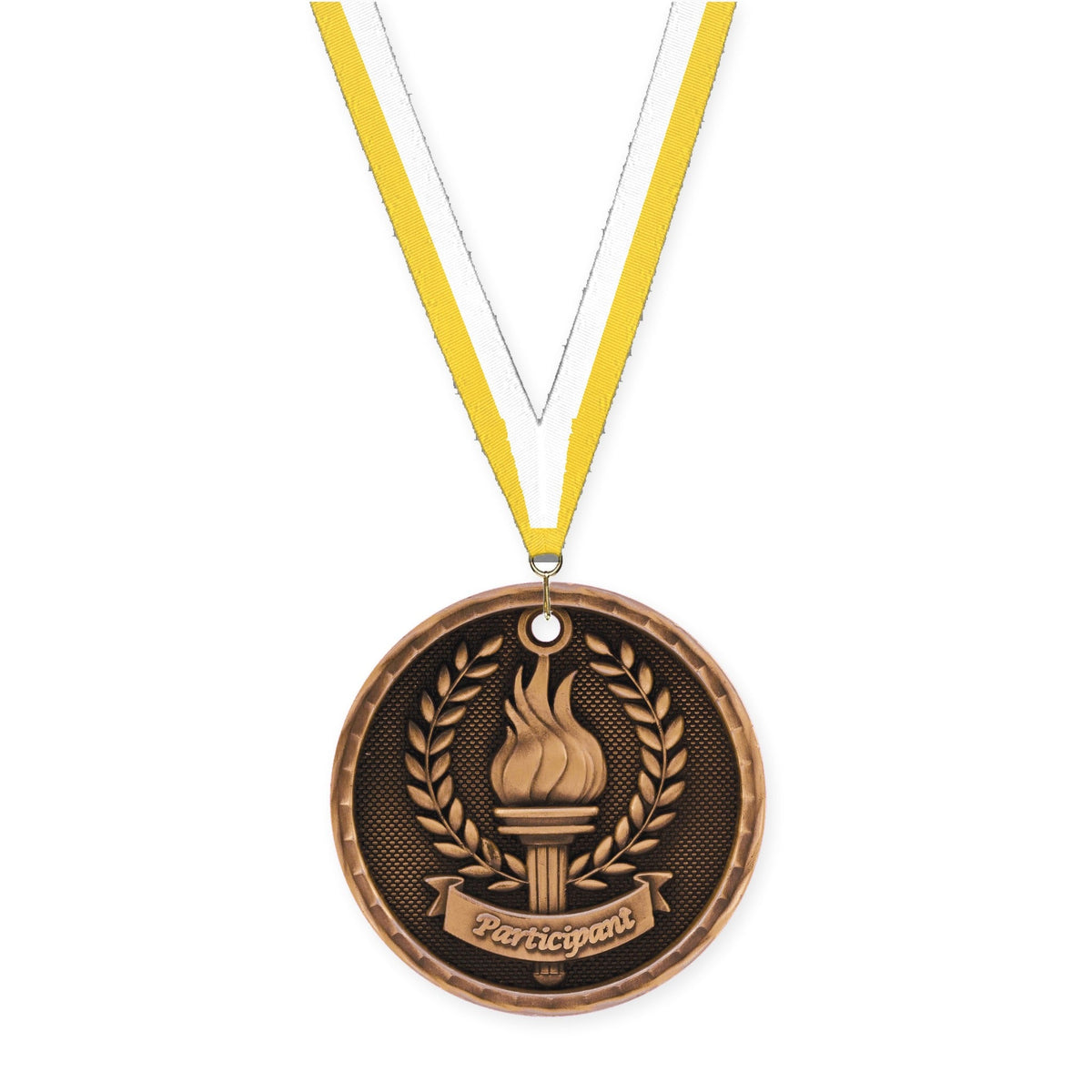 2 inch Participant 3-D medal in antique bronze with Yellow White neck ribbon