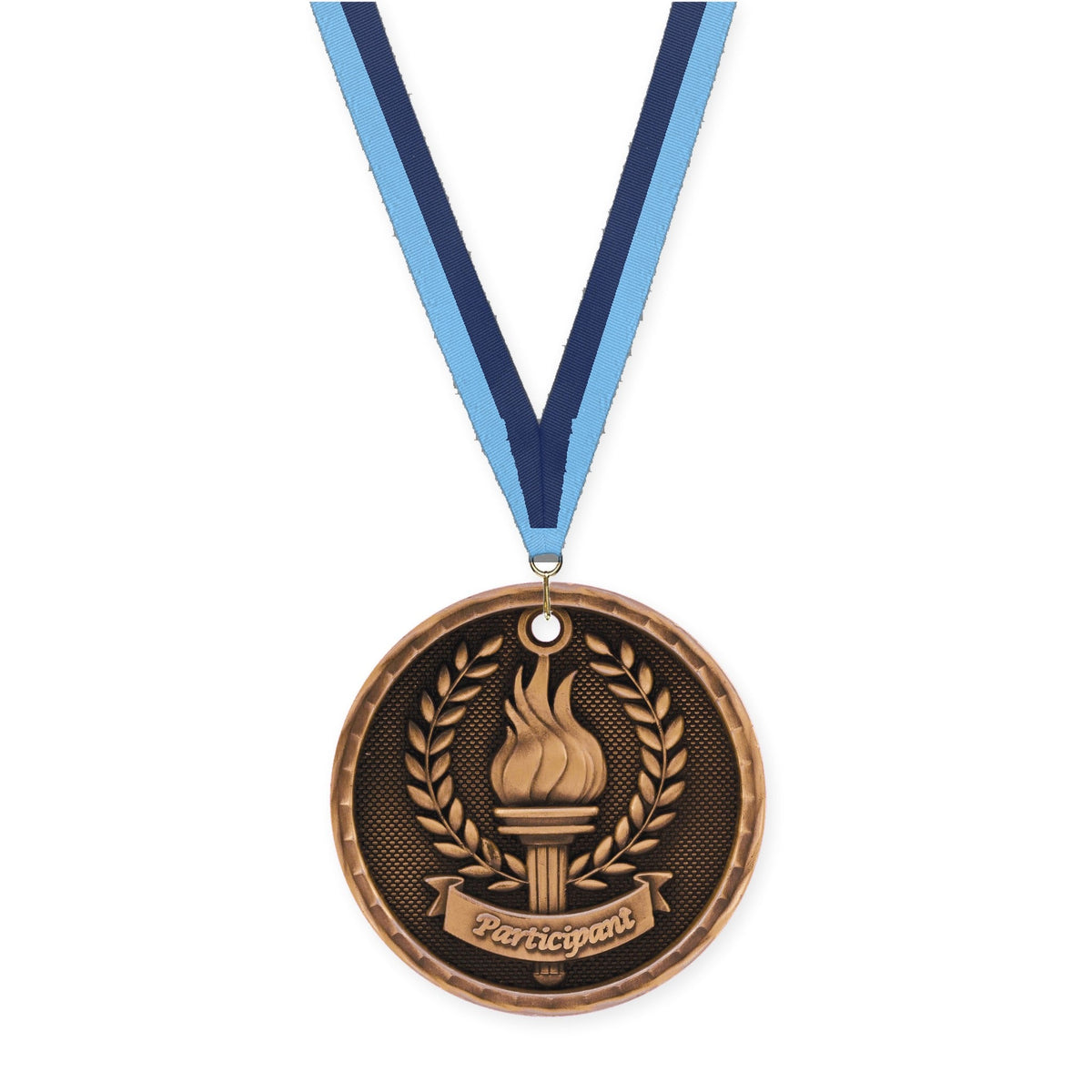 2 inch Participant 3-D medal in antique bronze with Light Blue Navy neck ribbon