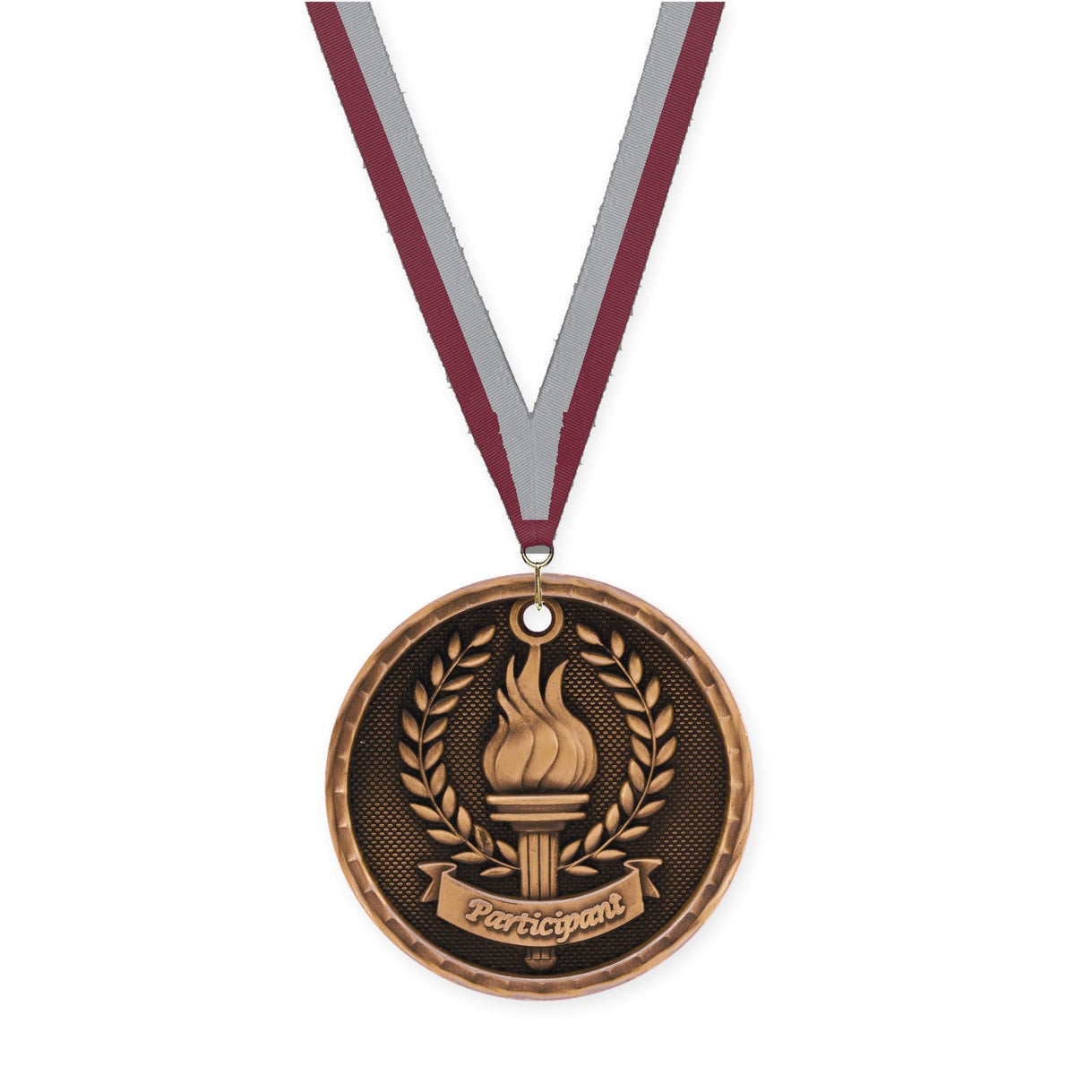 2 inch Participant 3-D medal in antique bronze with Maroon Gray neck ribbon