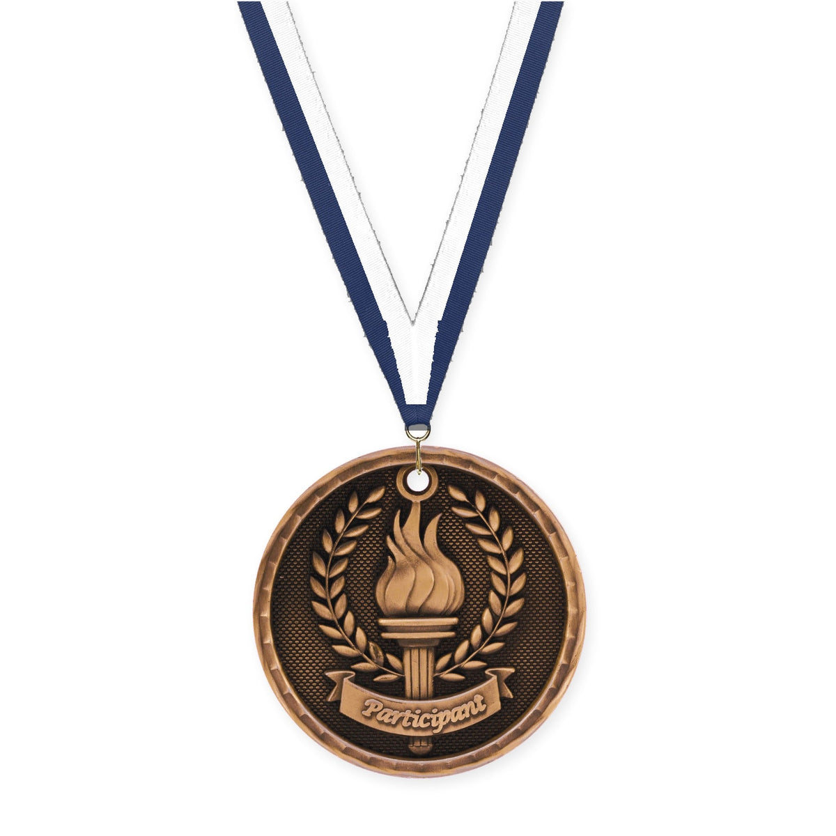 2 inch Participant 3-D medal in antique bronze with Navy White neck ribbon