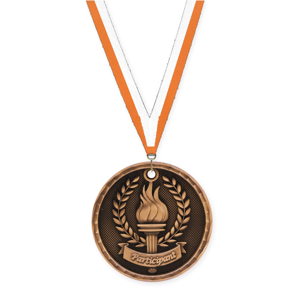 2 inch Participant 3-D medal in antique bronze with Orange White neck ribbon