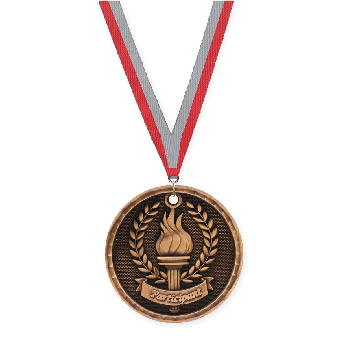 2 inch Participant 3-D medal in antique bronze with Red Gray neck ribbon