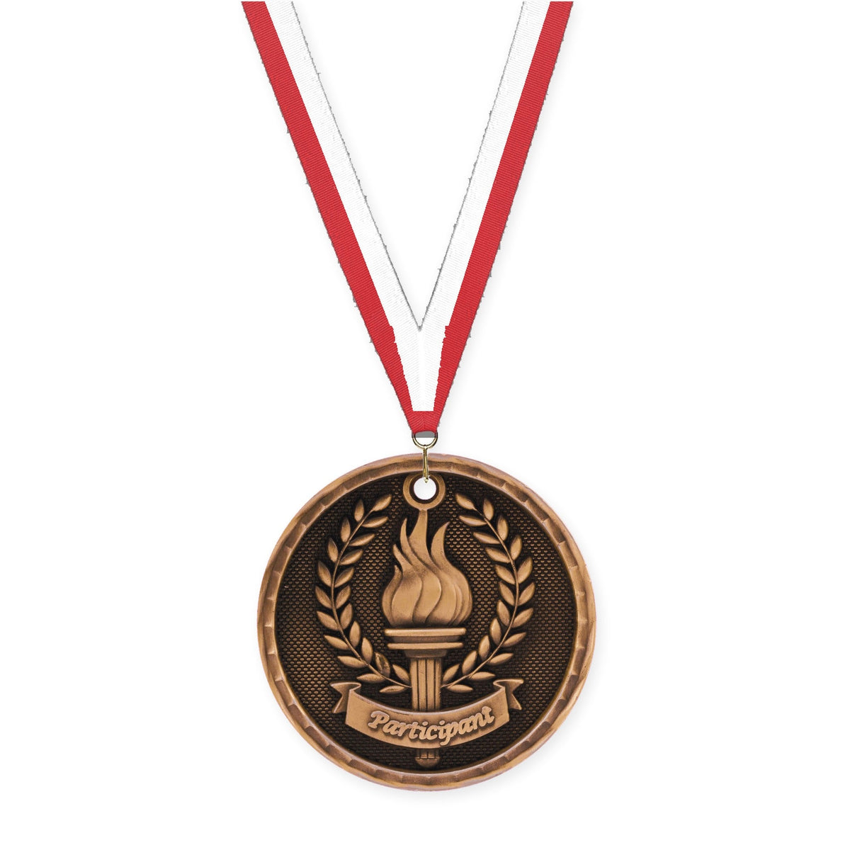 2 inch Participant 3-D medal in antique bronze with Red White neck ribbon