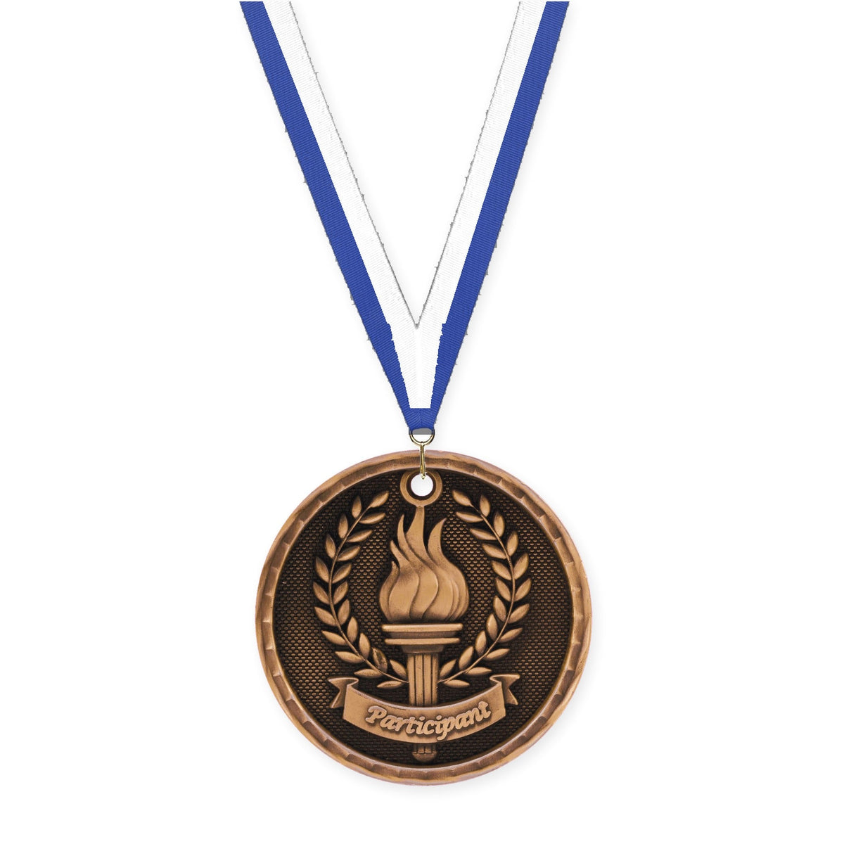 2 inch Participant 3-D medal in antique bronze with Blue White neck ribbon
