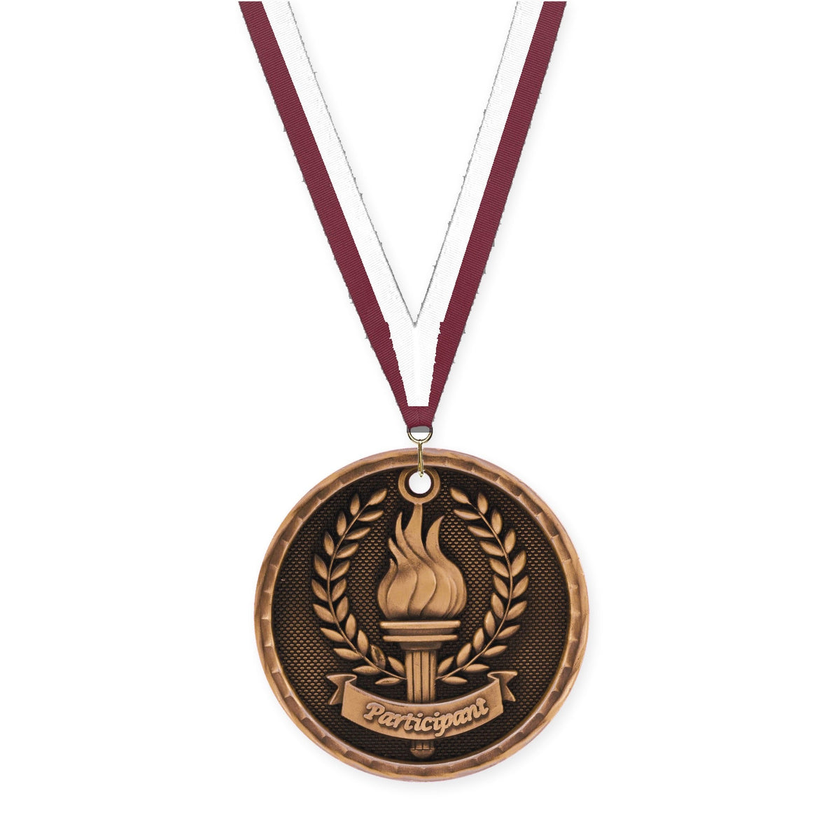 2 inch Participant 3-D medal in antique bronze with Maroon White neck ribbon