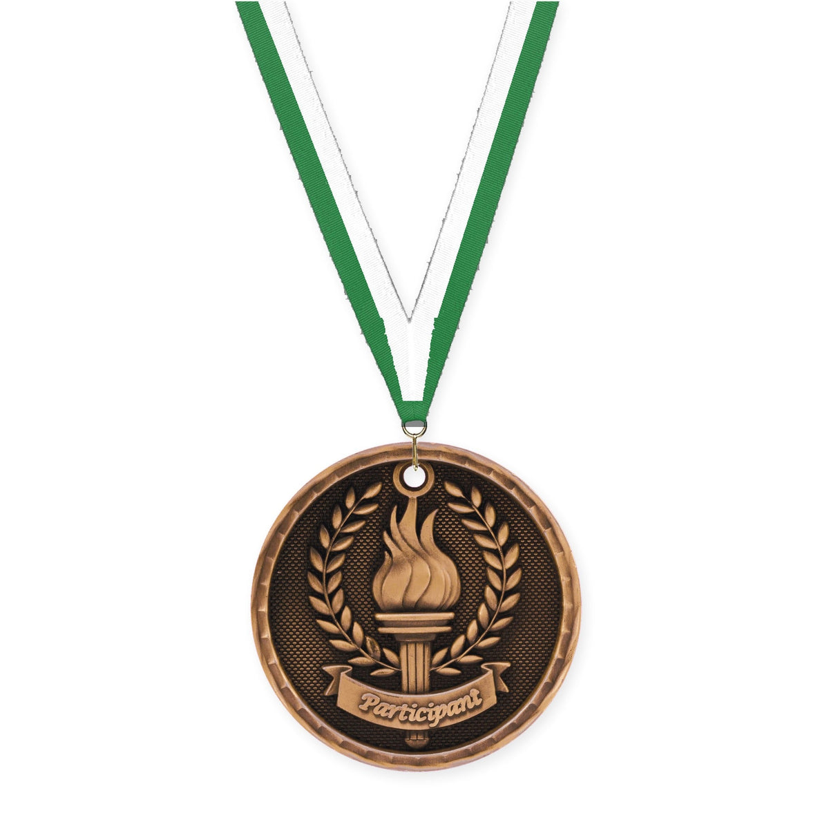 2 inch Participant 3-D medal in antique bronze with Green White neck ribbon