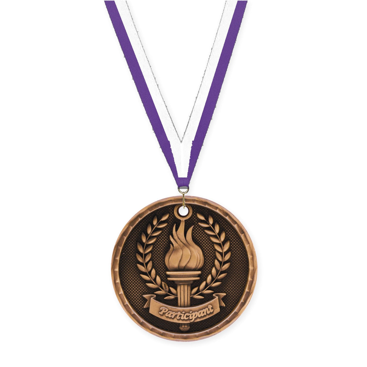2 inch Participant 3-D medal in antique bronze with Purple White neck ribbon
