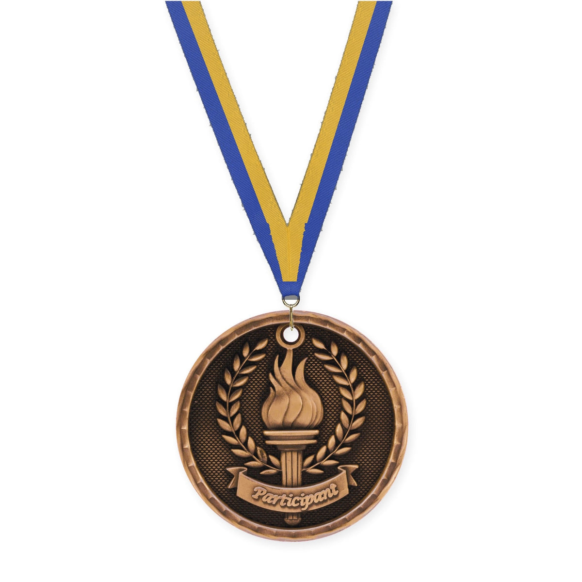 2 inch Participant 3-D medal in antique bronze with Blue Gold neck ribbon