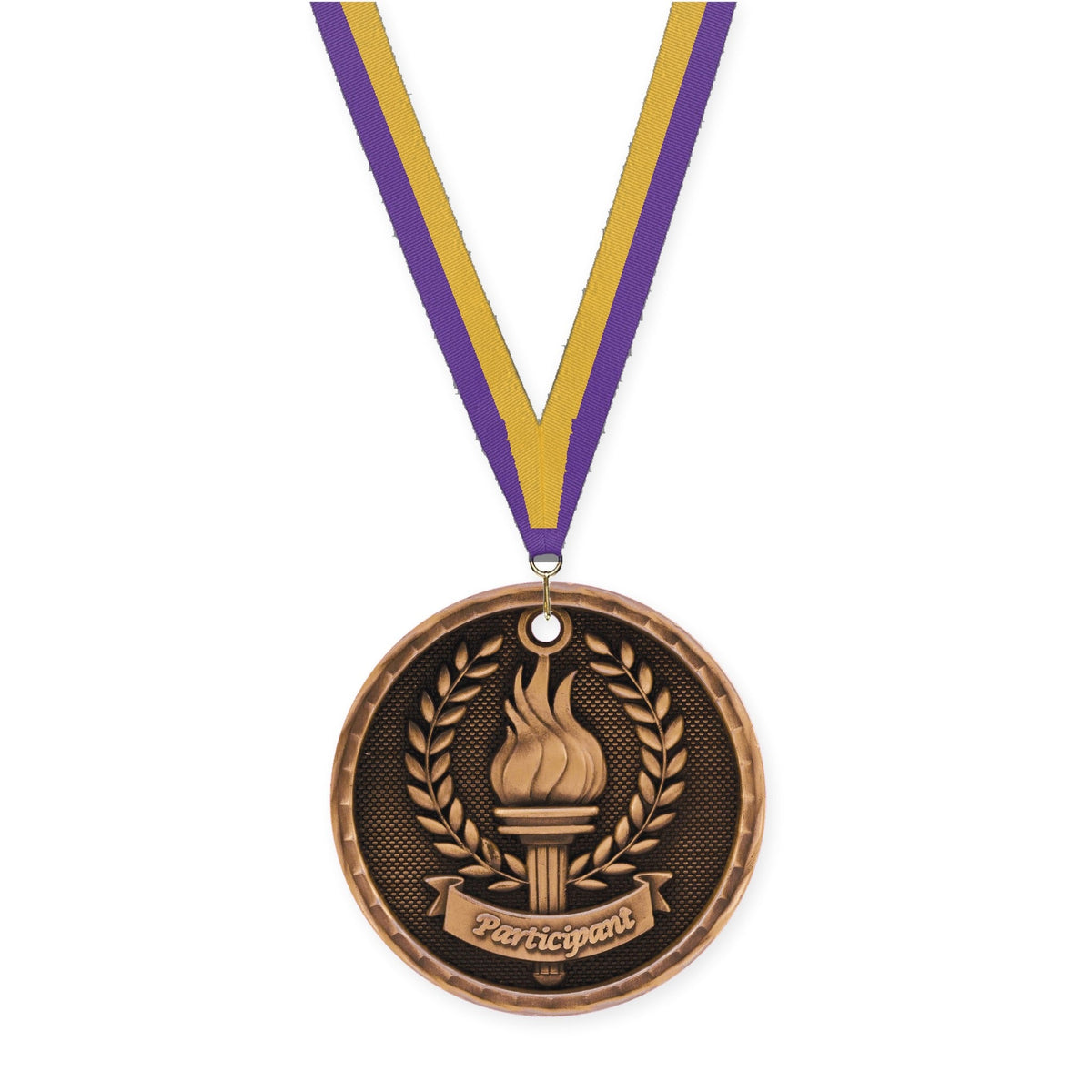2 inch Participant 3-D medal in antique bronze with Purple Gold neck ribbon