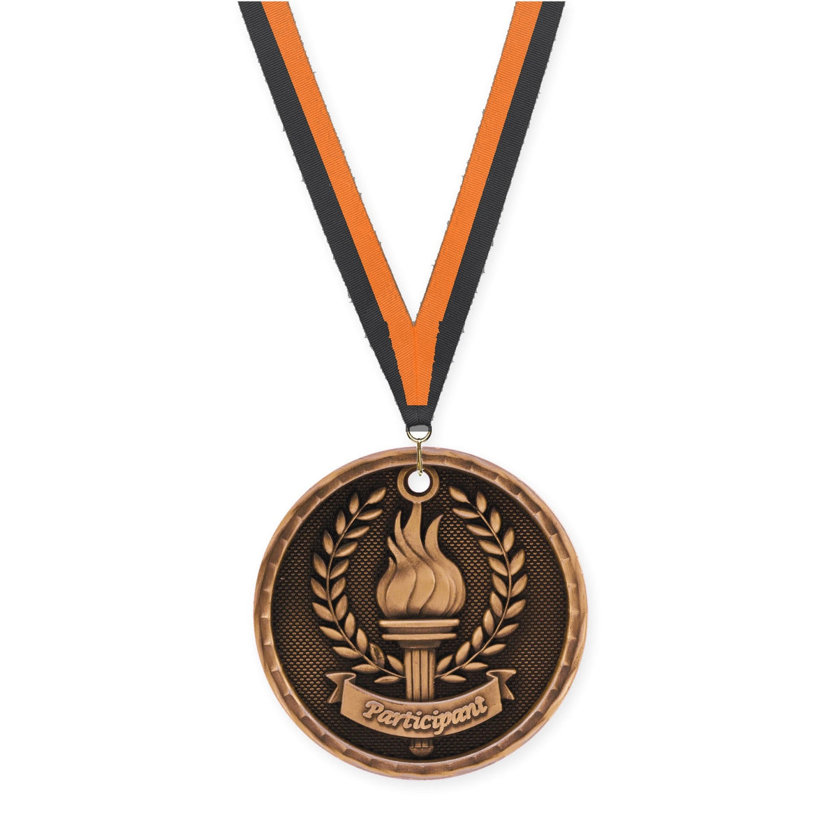 2 inch Participant 3-D medal in antique bronze with Black Orange neck ribbon