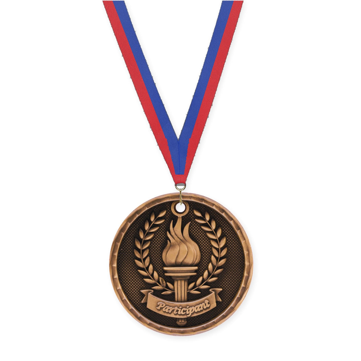 2 inch Participant 3-D medal in antique bronze with Blue Red neck ribbon