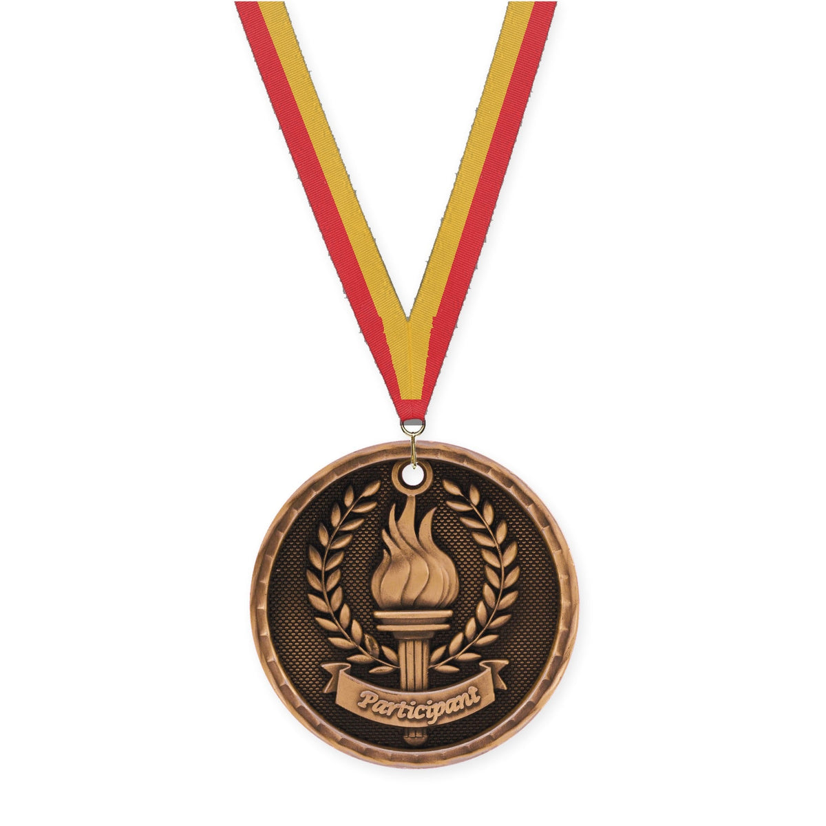 2 inch Participant 3-D medal in antique bronze with Red Gold neck ribbon