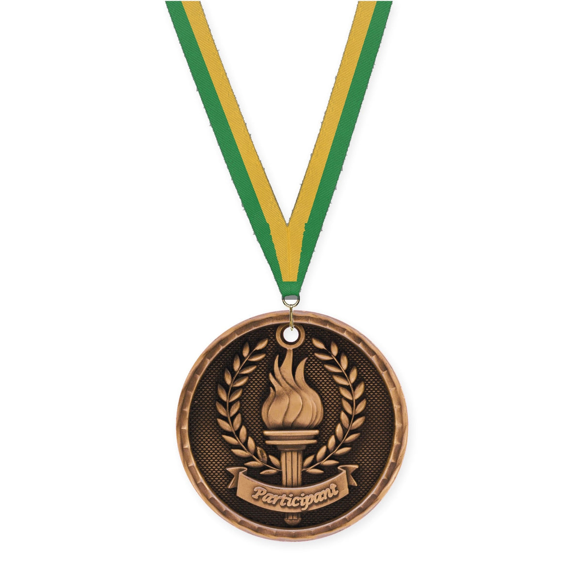 2 inch Participant 3-D medal in antique bronze with Green Gold neck ribbon