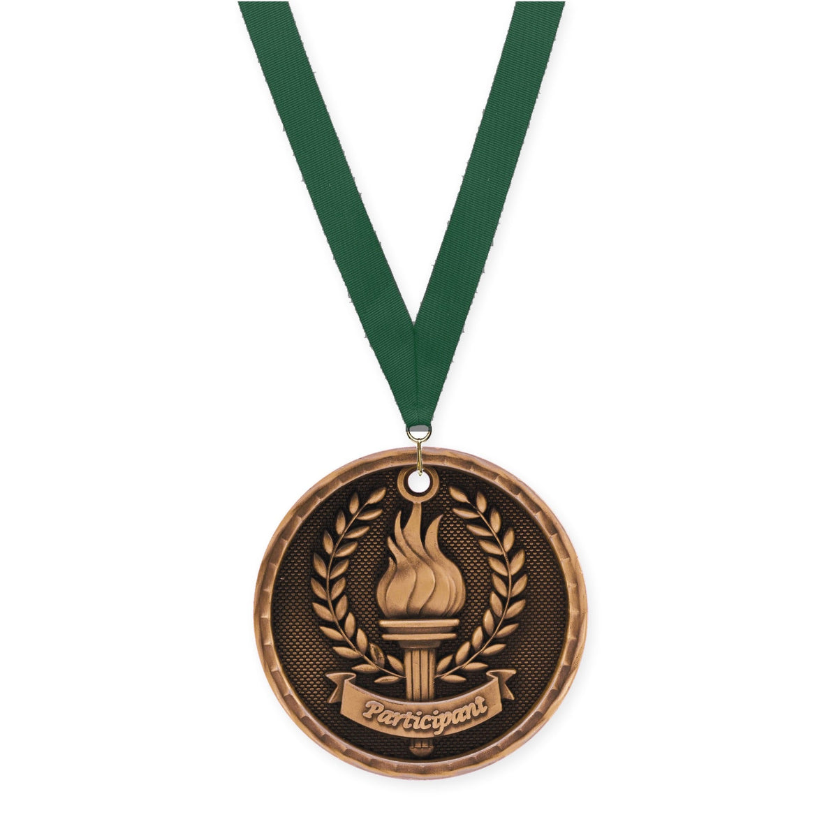 2 inch Participant 3-D medal in antique bronze with Hunter Green neck ribbon