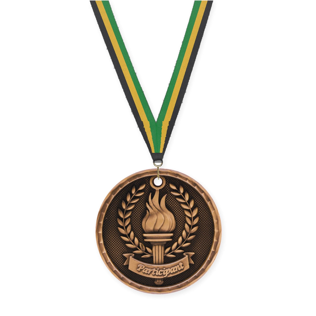 2 inch Participant 3-D medal in antique bronze with Black Gold Green neck ribbon