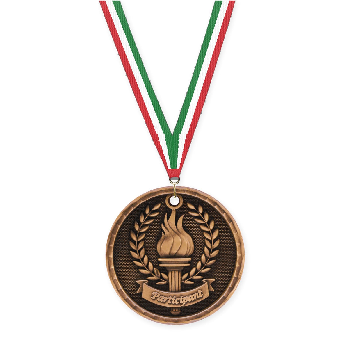2 inch Participant 3-D medal in antique bronze with Red White Green neck ribbon
