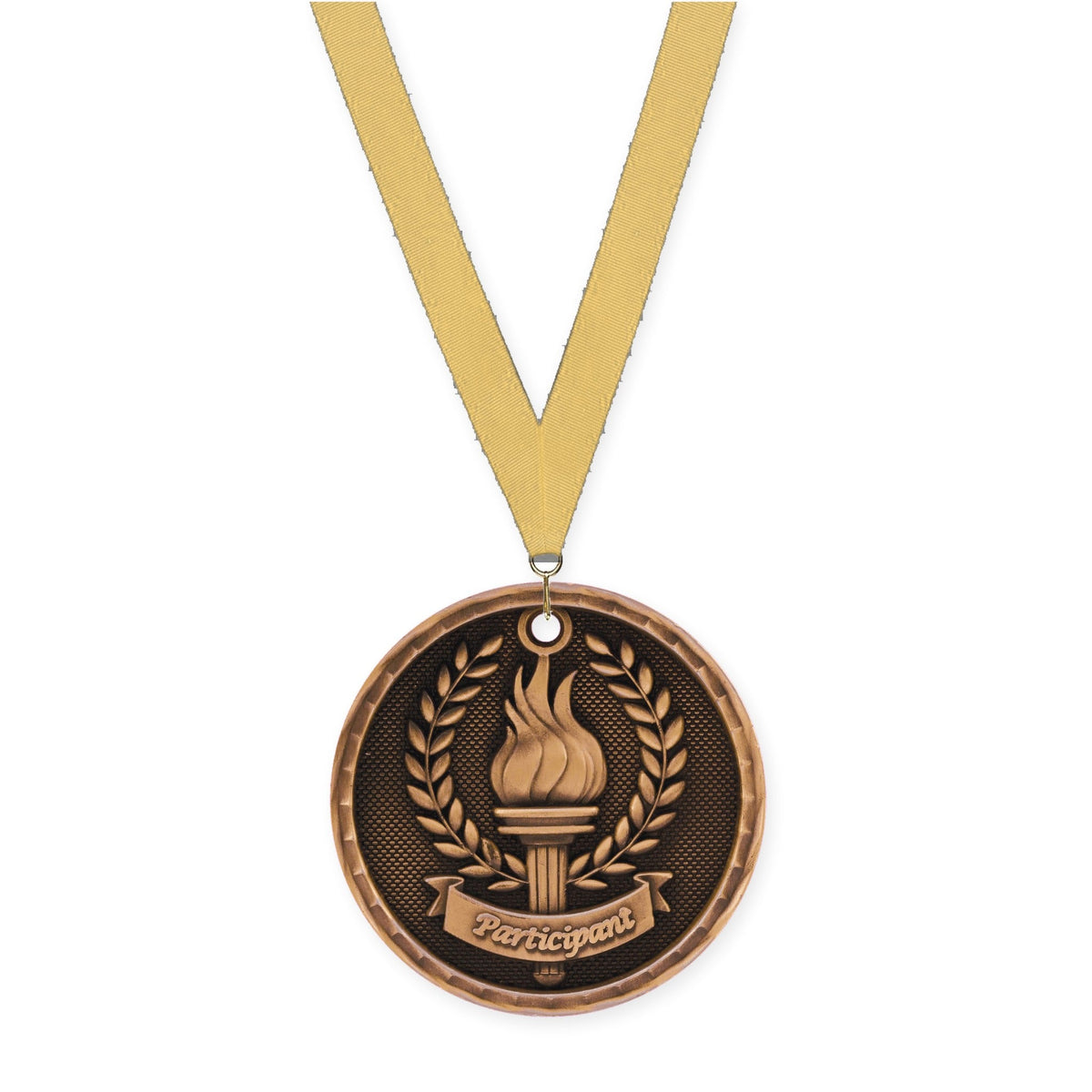 2 inch Participant 3-D medal in antique bronze with Gold Metallic neck ribbon