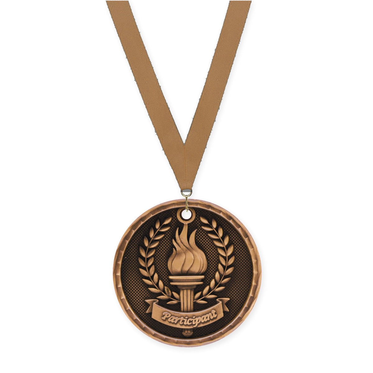 2 inch Participant 3-D medal in antique bronze with Bronze Metallic neck ribbon