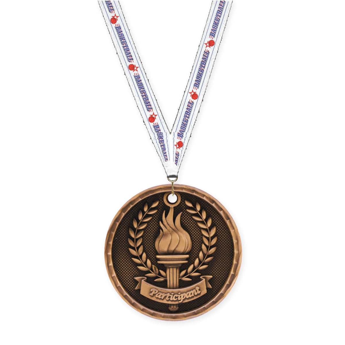 2 inch Participant 3-D medal in antique bronze with Basketball neck ribbon