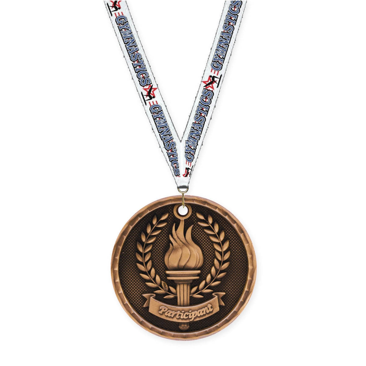 2 inch Participant 3-D medal in antique bronze with Gymnastics neck ribbon