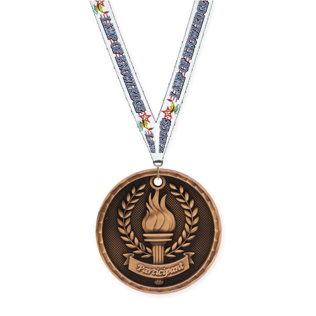 2 inch Participant 3-D medal in antique bronze with Lamp Of Knowledge neck ribbon