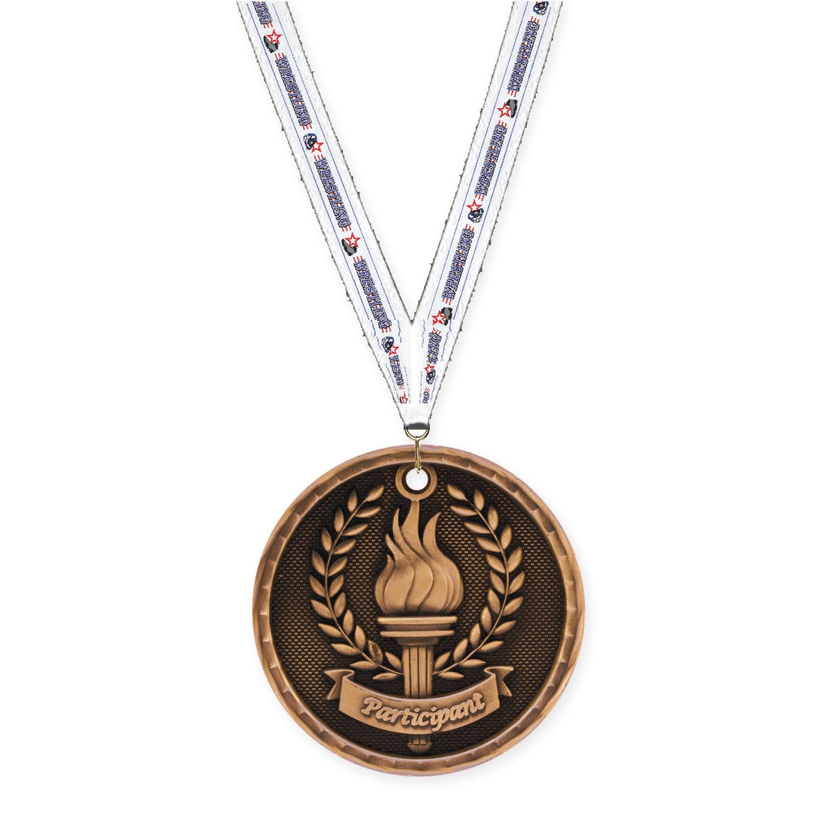 2 inch Participant 3-D medal in antique bronze with Wrestling neck ribbon