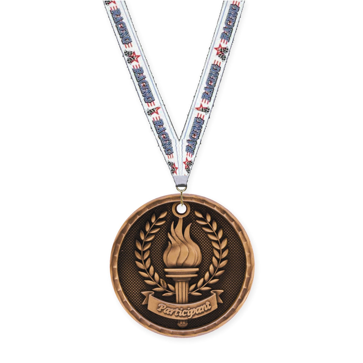 2 inch Participant 3-D medal in antique bronze with Auto Racing neck ribbon