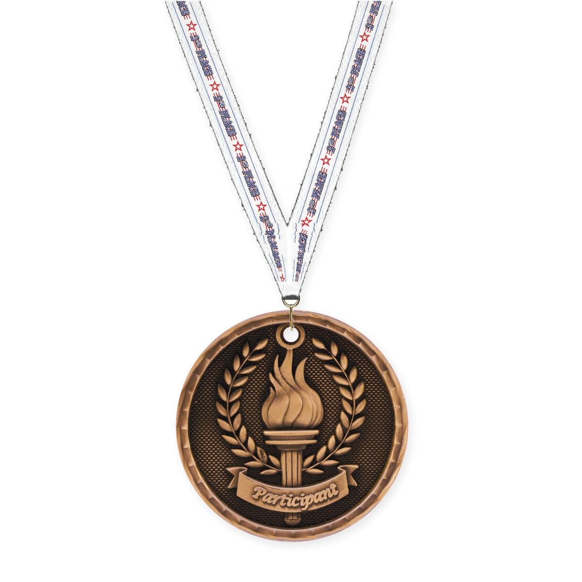 2 inch Participant 3-D medal in antique bronze with 2nd Place neck ribbon