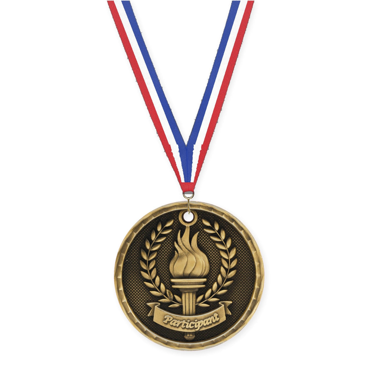 2 inch Participant 3-D medal in antique gold with Red White Blue neck ribbon