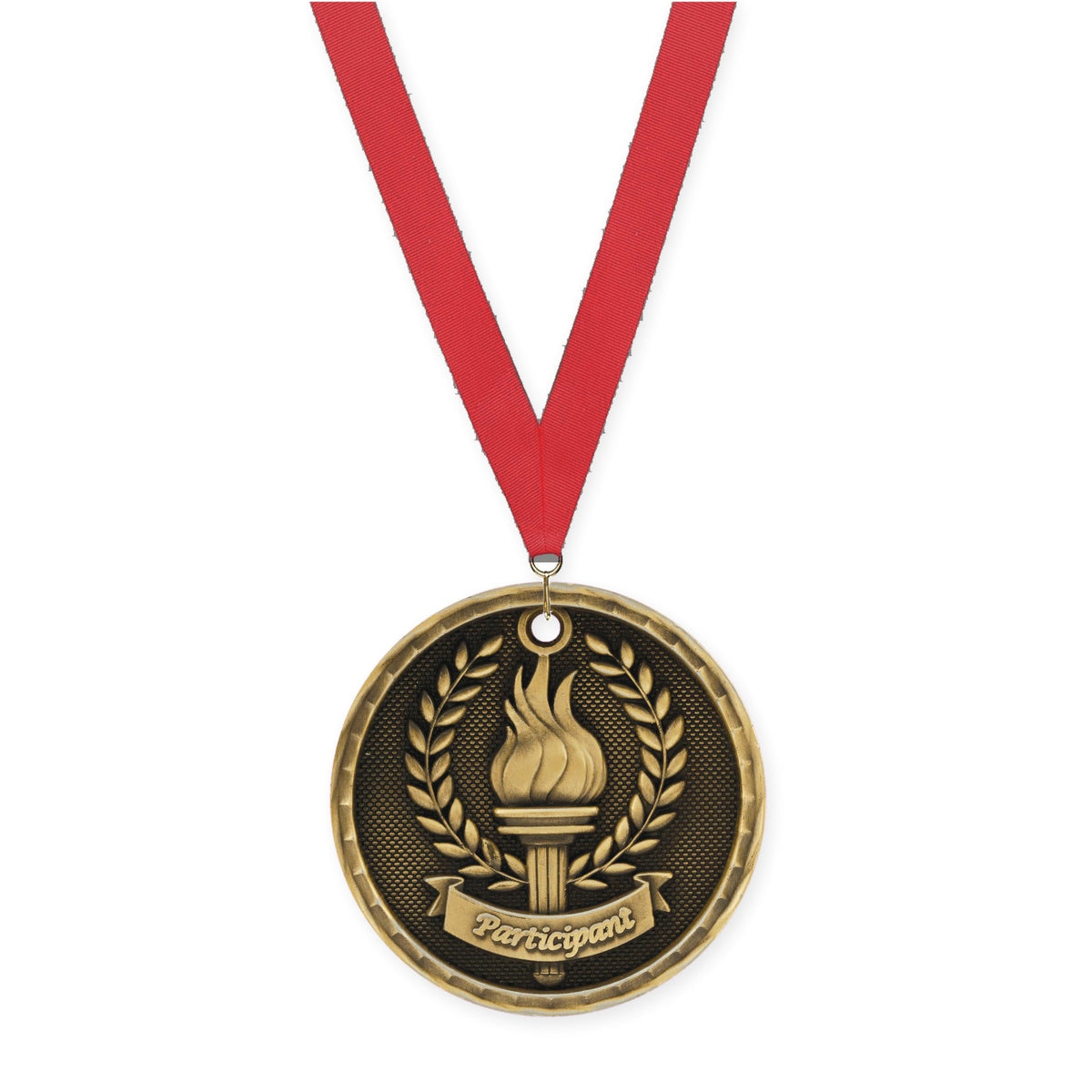 2 inch Participant 3-D medal in antique gold with Red neck ribbon