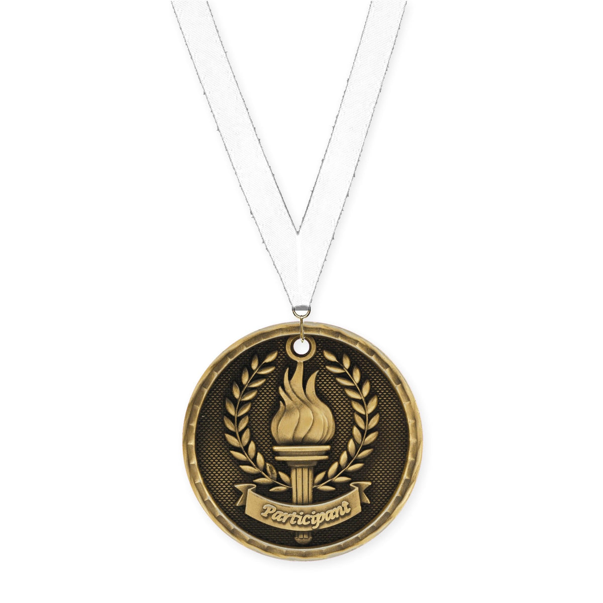 2 inch Participant 3-D medal in antique gold with White neck ribbon