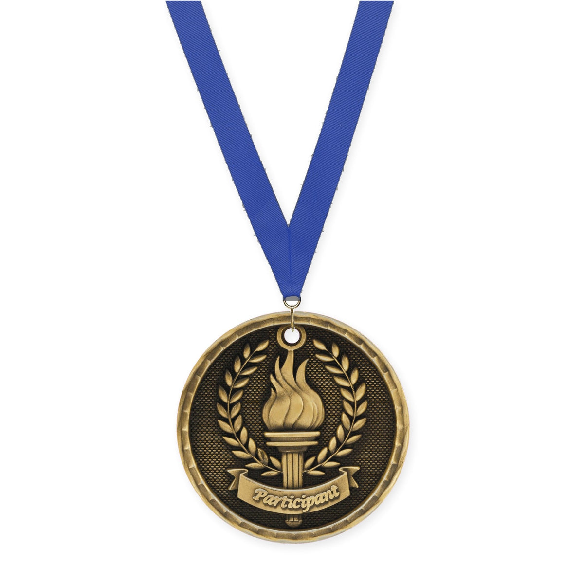 2 inch Participant 3-D medal in antique gold with Blue neck ribbon