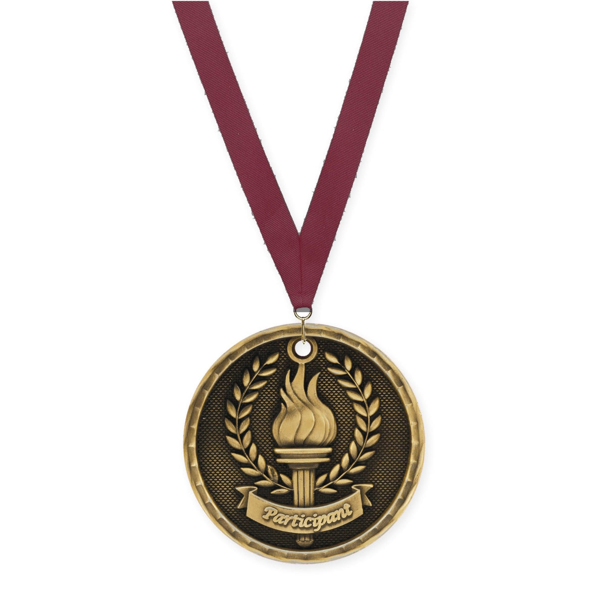 2 inch Participant 3-D medal in antique gold with Maroon neck ribbon