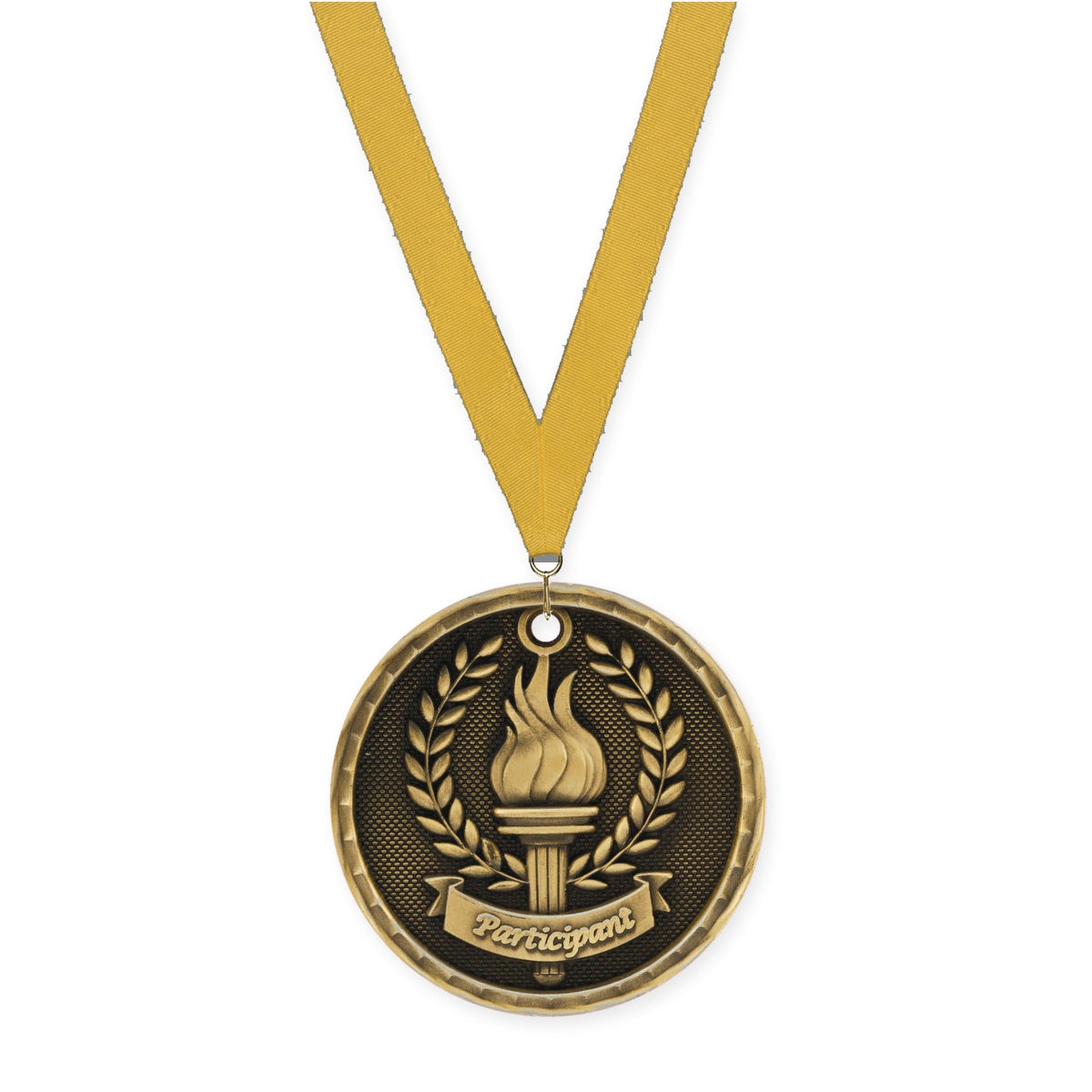 2 inch Participant 3-D medal in antique gold with Gold neck ribbon
