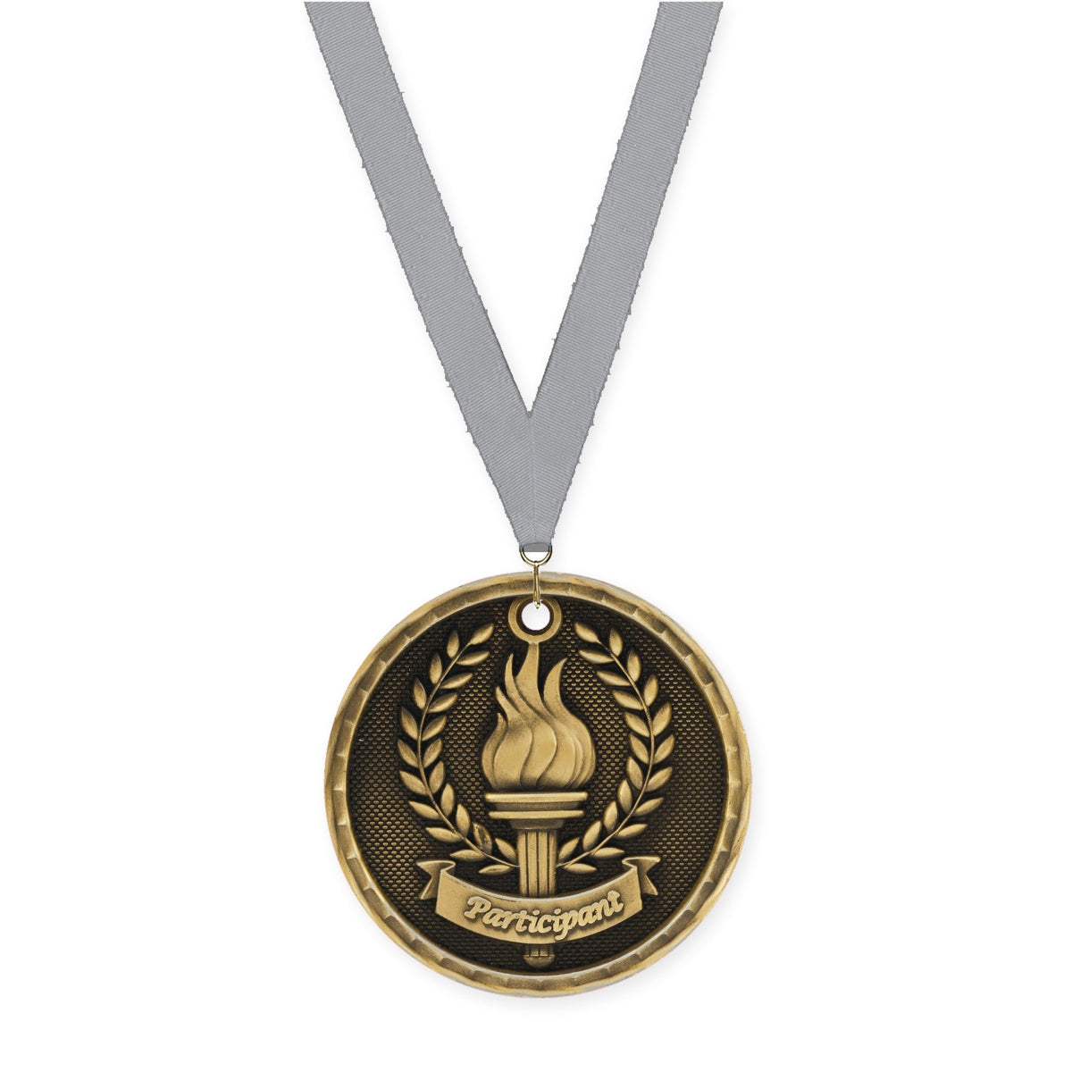 2 inch Participant 3-D medal in antique gold with Gray neck ribbon