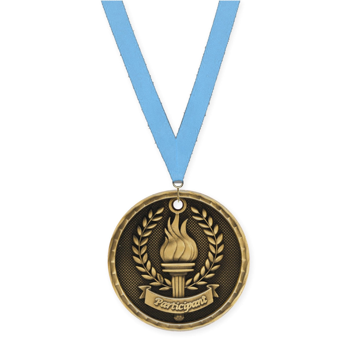 2 inch Participant 3-D medal in antique gold with Light Blue neck ribbon