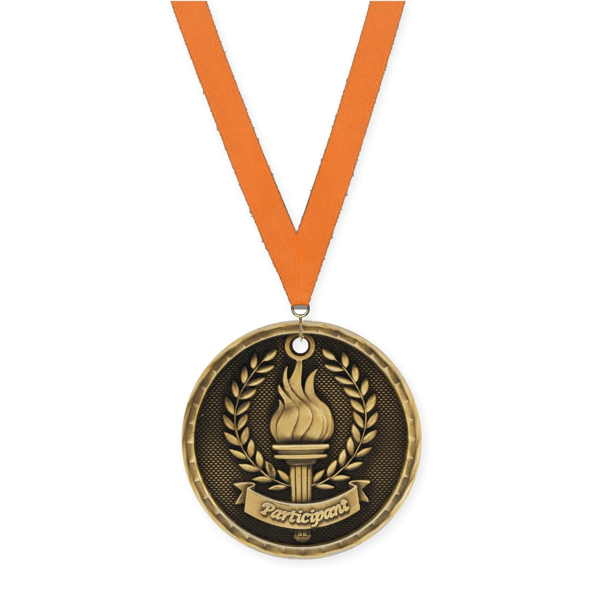 2 inch Participant 3-D medal in antique gold with Orange neck ribbon
